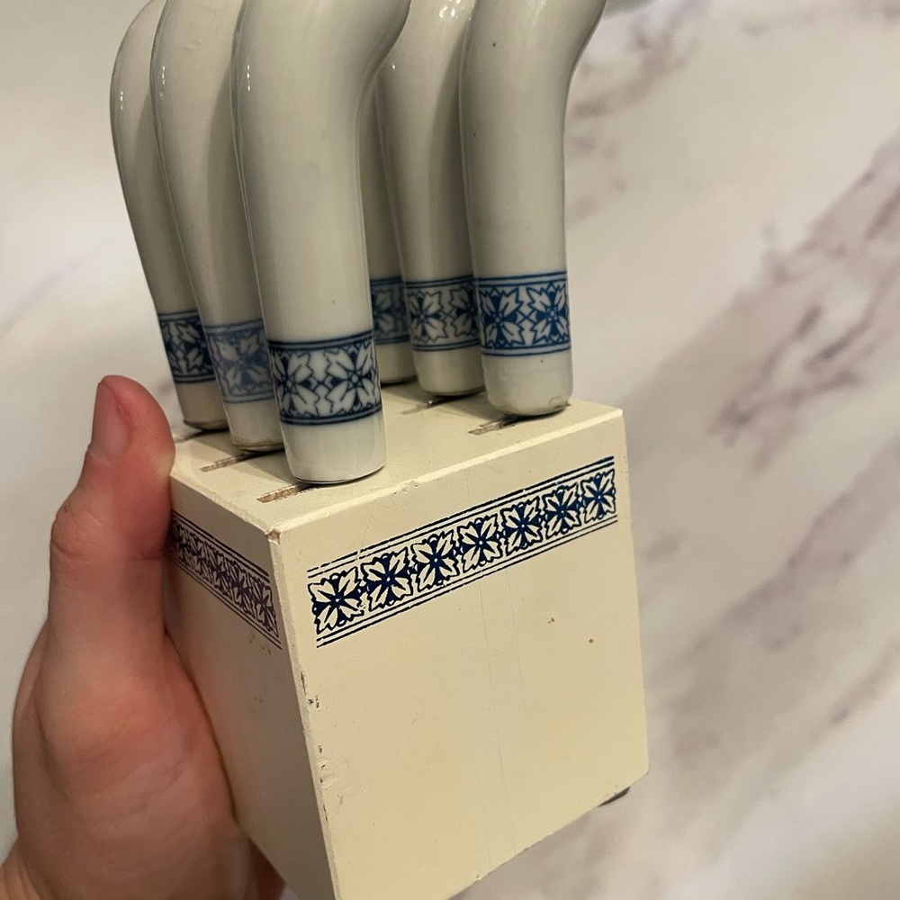 Blue and White Knife Set with Block